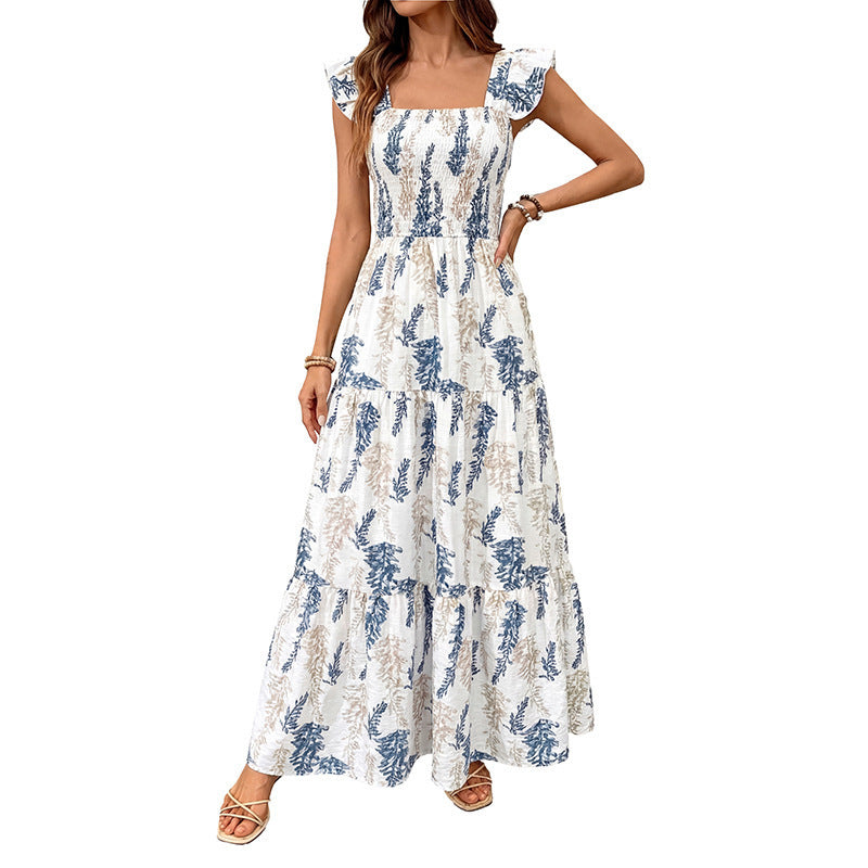 Damen Elegantes Maxi-Kleid mit floralem Print und schulterfreien Rüschenärmel EB