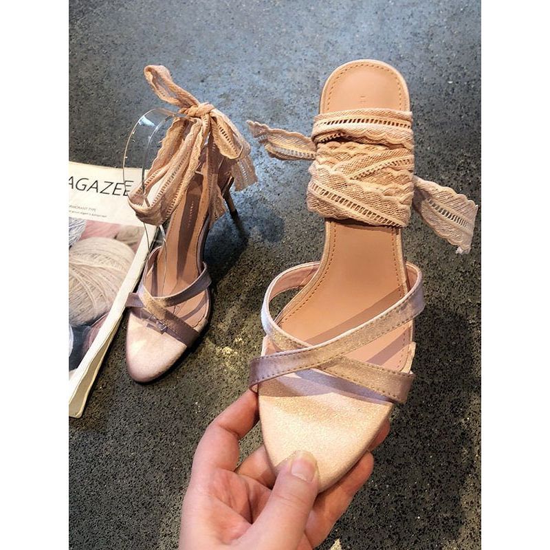 Damen transparente High Heel Sandalen mit Spitzen- und Rüschendetails EB