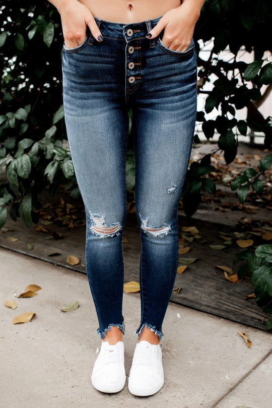 Damen Skinny Jeans mit hoher Taille und Destroyed-Details EB