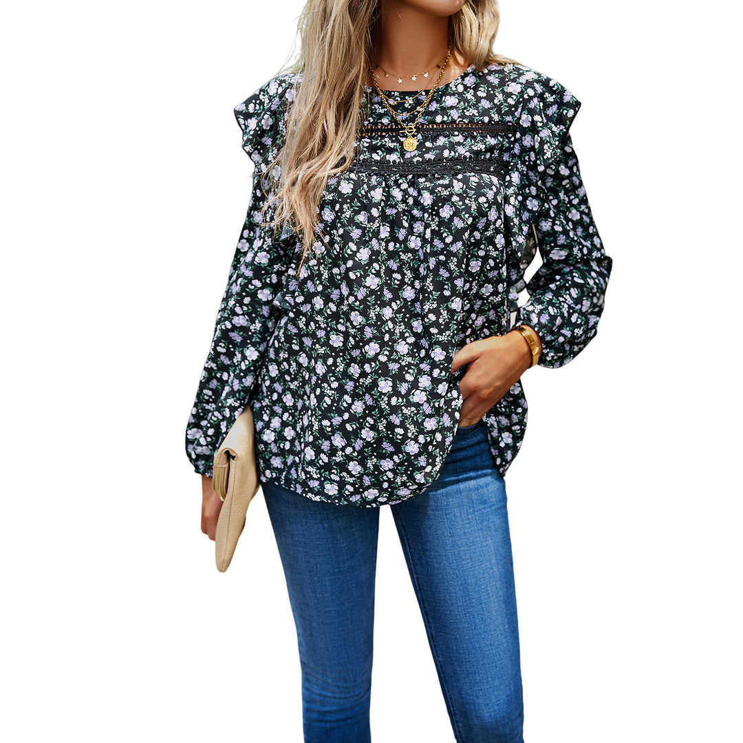 Damen nan romantische Hemdblusenbluse mit Spitzenborte, Volantärmel und lockerer Tunika-Silhouette EB