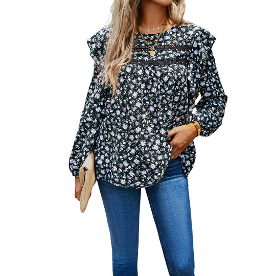 Damen nan romantische Hemdblusenbluse mit Spitzenborte, Volantärmel und lockerer Tunika-Silhouette EB