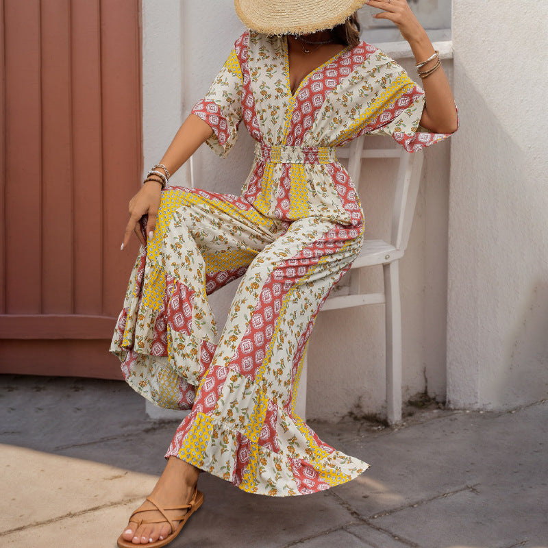 Damen Maxi-Jumpsuit mit floralen Mustern und voluminösen Ärmeln EB