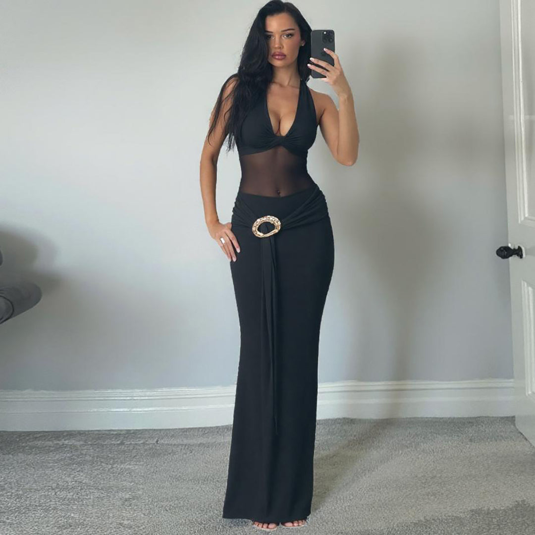 Damen Maxi-Überwurfkleid mit transparentem Material und eleganter Gürtelschnalle EB