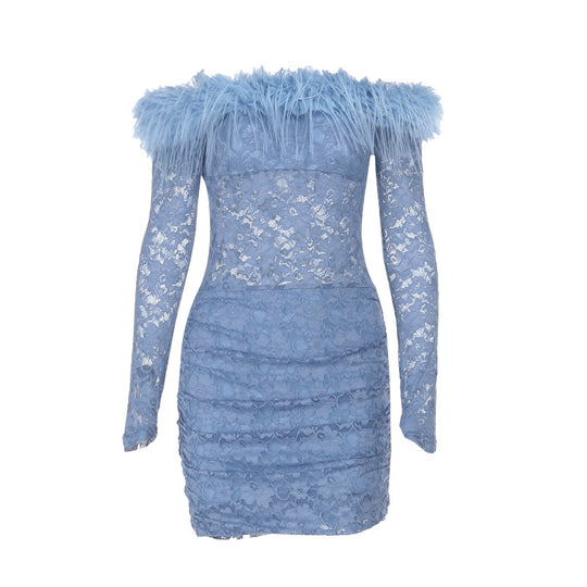 Damen elegantes Spitzenkleid mit federbesetztem Ausschnitt und langem Arm EB