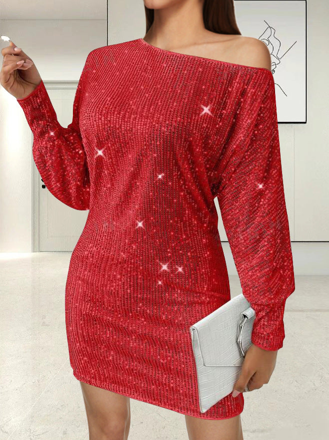 Damen Funkelndes Minikleid mit asymmetrischem Ausschnitt und Ballonärmeln EB