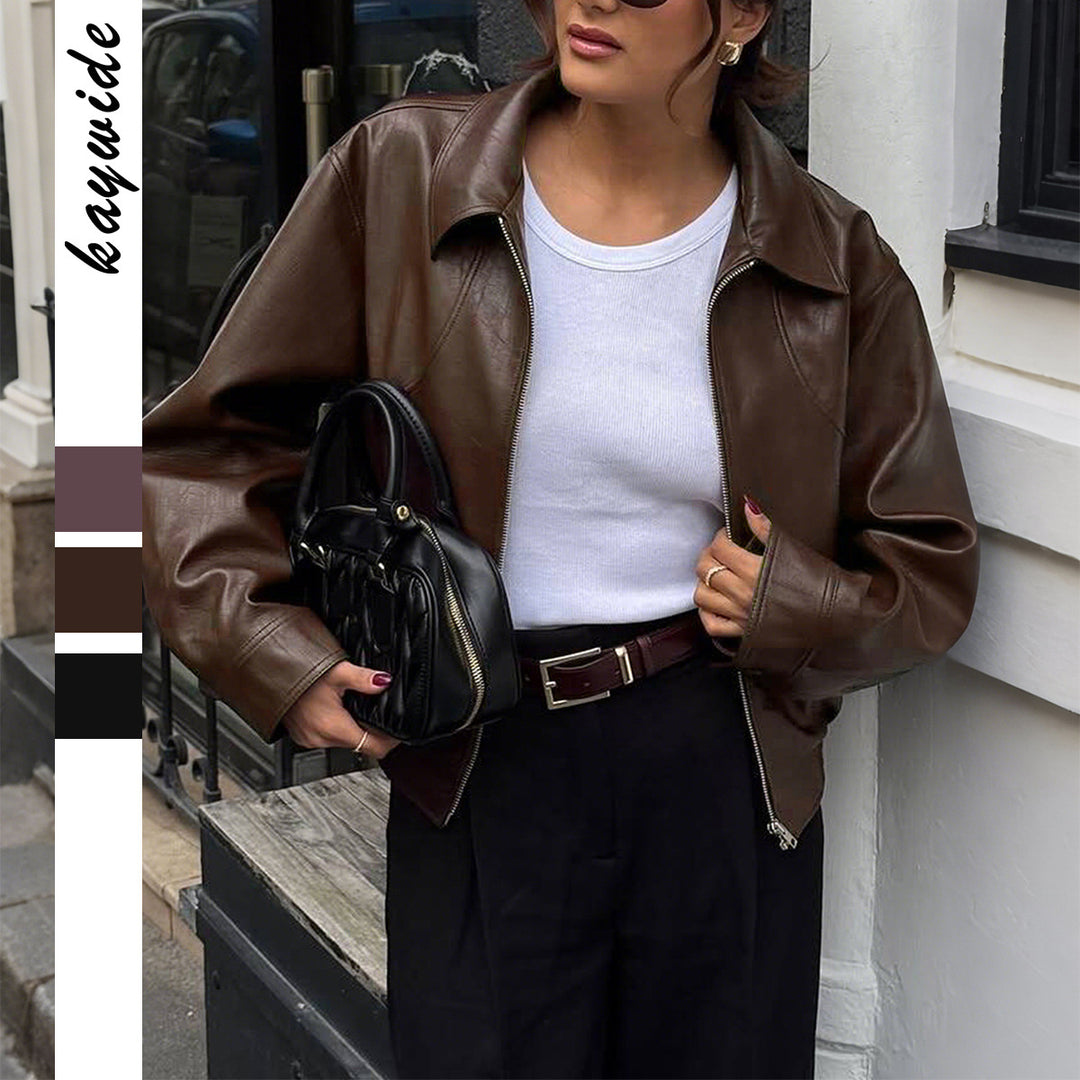 Damen nan kurze Oversize-Lederjacke mit Hemdkragen, sichtbarem Reißverschluss und lässiger Silhouette EB