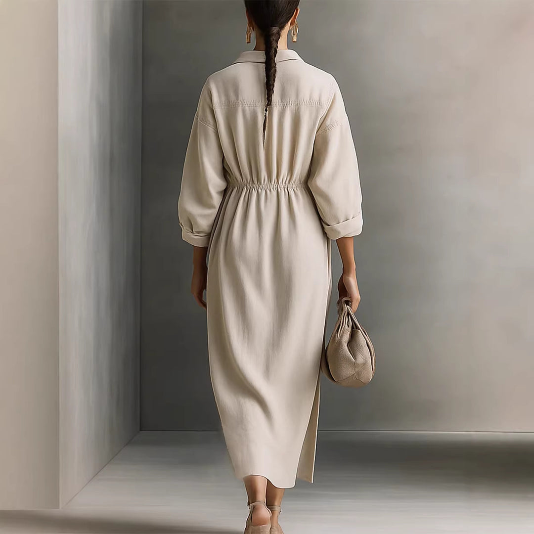 Damen stilvolles Midikleid mit Bindegürtel und klassischem Kragen EB