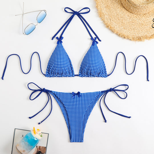 Damen Triangel-Bikini mit verspieltem Karomuster und bindbaren Trägern EB