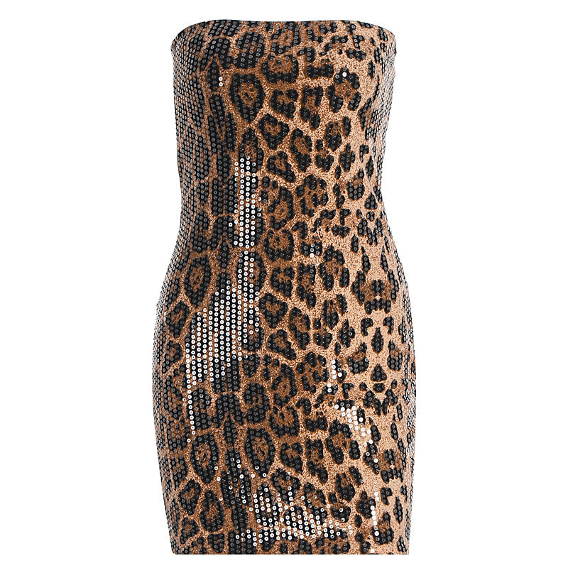 Damen Glitzerndes Minikleid mit Leopardenmuster und Spaghettiträgern EB