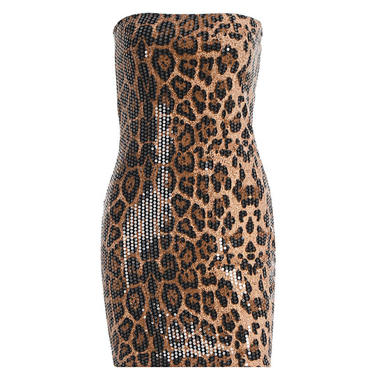 Damen Glitzerndes Minikleid mit Leopardenmuster und Spaghettiträgern EB