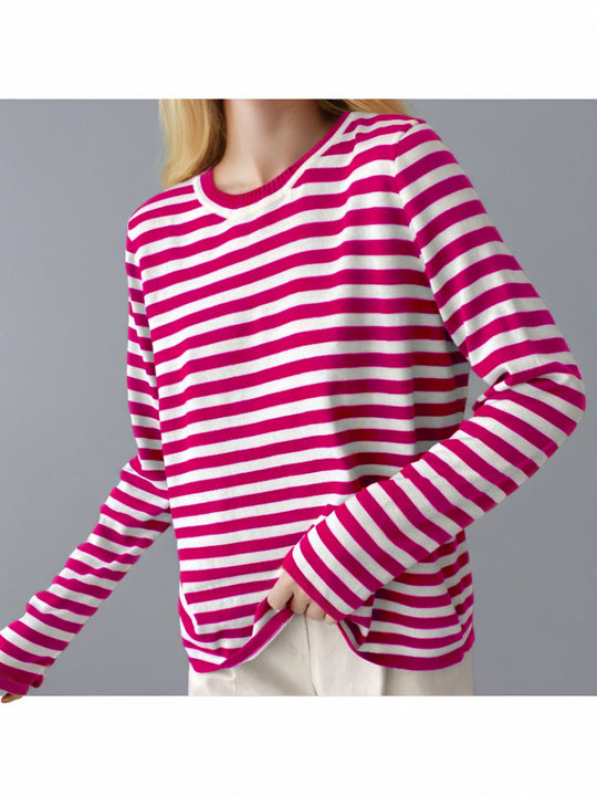 Damen gestreifter Langarmpullover mit Rundhalsausschnitt und lässigem Schnitt EB