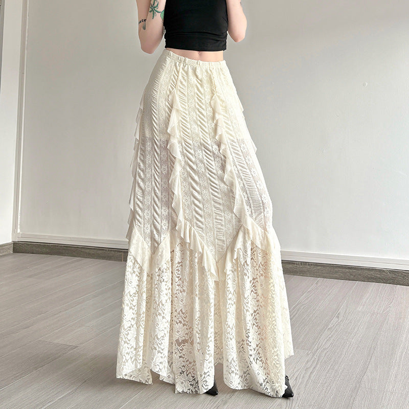 Damen eleganter Maxirock mit raffinierten Rüschen und Spitzenakzenten EB