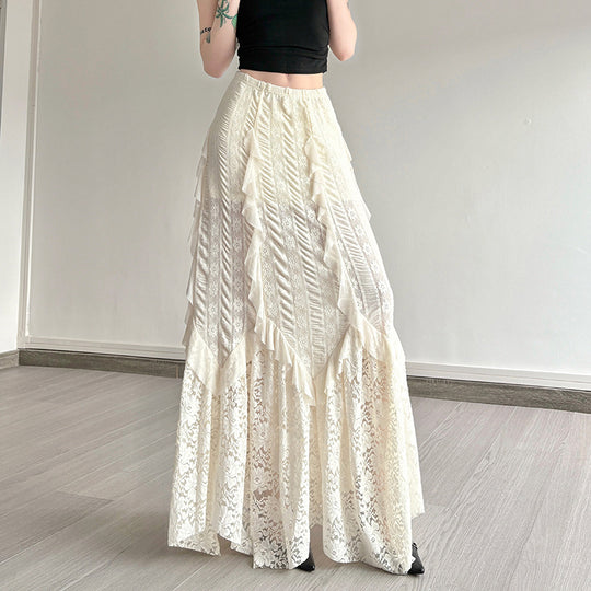 Damen eleganter Maxirock mit raffinierten Rüschen und Spitzenakzenten EB
