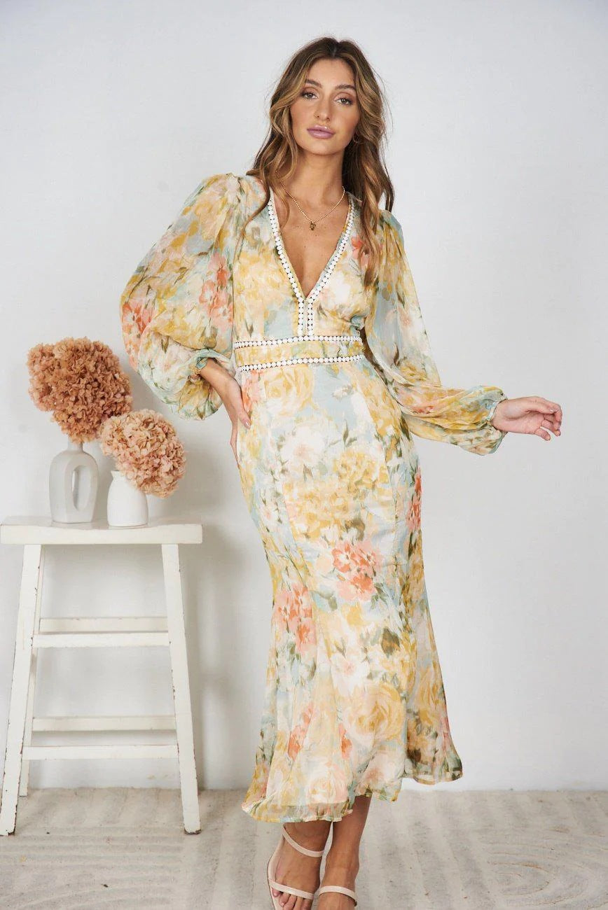 Damen Maxikleid mit ballonärmel und floralem Muster EB