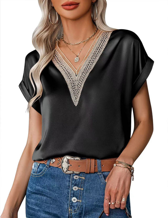 Damen Satin Bluse mit elegantem V-Ausschnitt und raffinierten Spitzenakzenten EB
