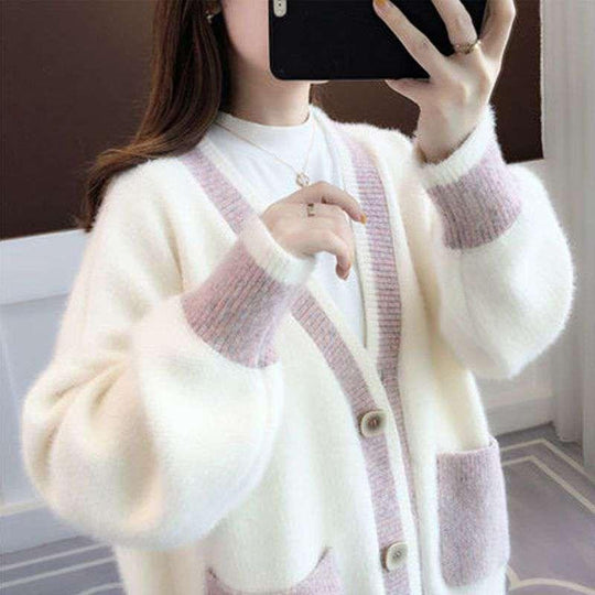 Damen Strickjacke mit modischen Kontrastdetails und tiefen Taschen EB
