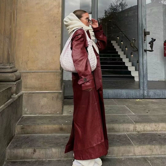 Damen elegante Kunstleder Trenchjacke mit Gürtel und hohen Revers EB