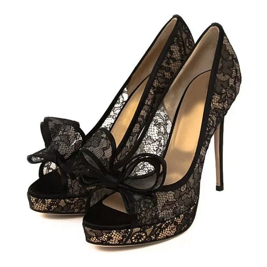 Damen Peeptoe Pumps mit raffiniertem Spitzenverzierung EB