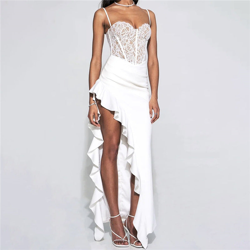 Damen elegantes Spitzen-Maxikleid mit raffinierten Drapierungen EB