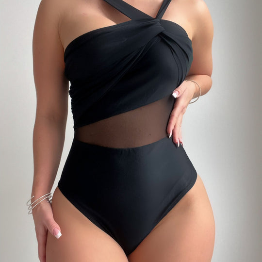 Damen Eleganter Einteiler Badeanzug mit Modernem Stoffmix EB