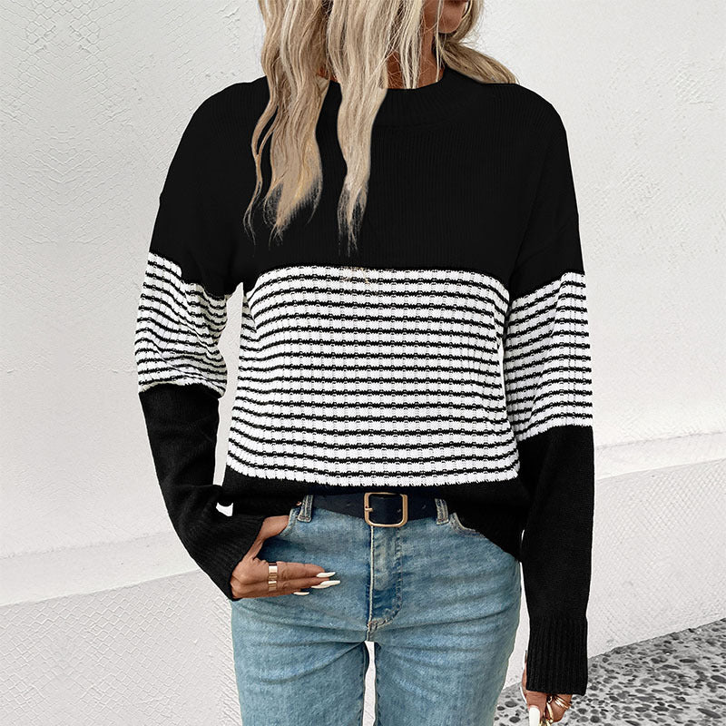 Damen trendiger Strickpullover mit auffälligem Streifenmuster EB