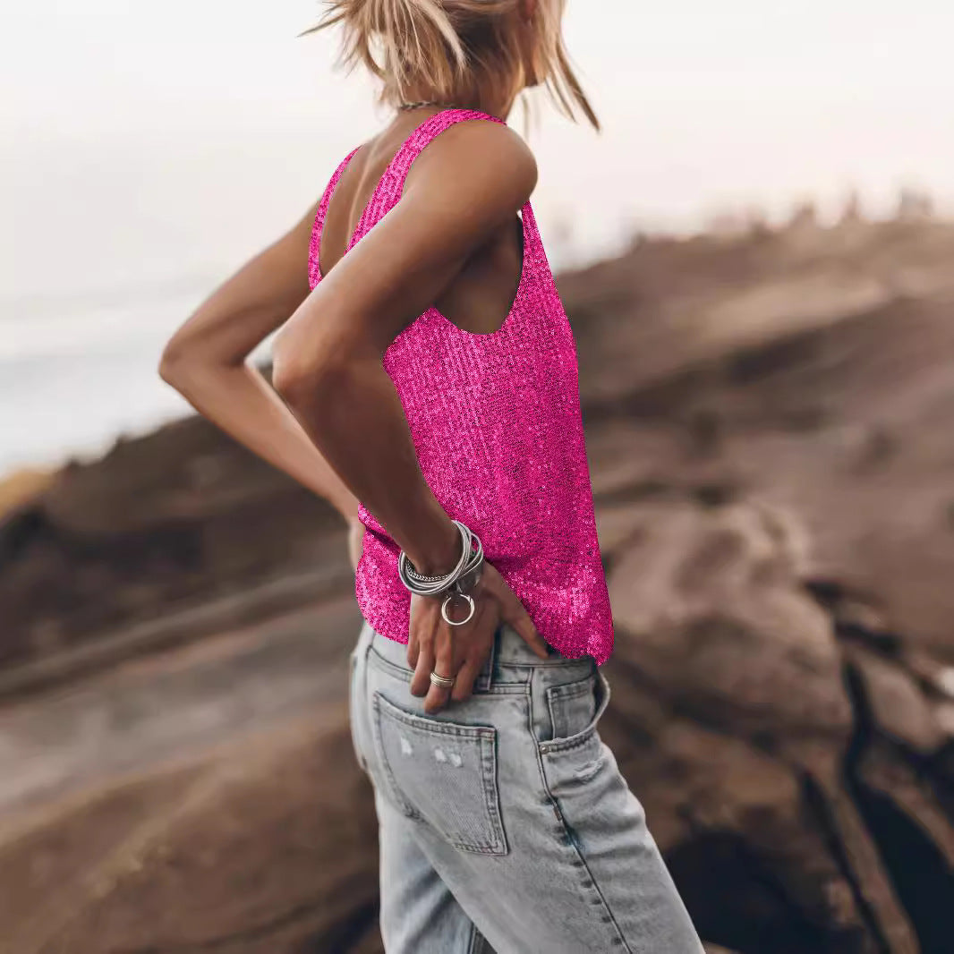 Damen Glitzerndes Top mit tiefem Rundhalsausschnitt und leichter A-Linie EB