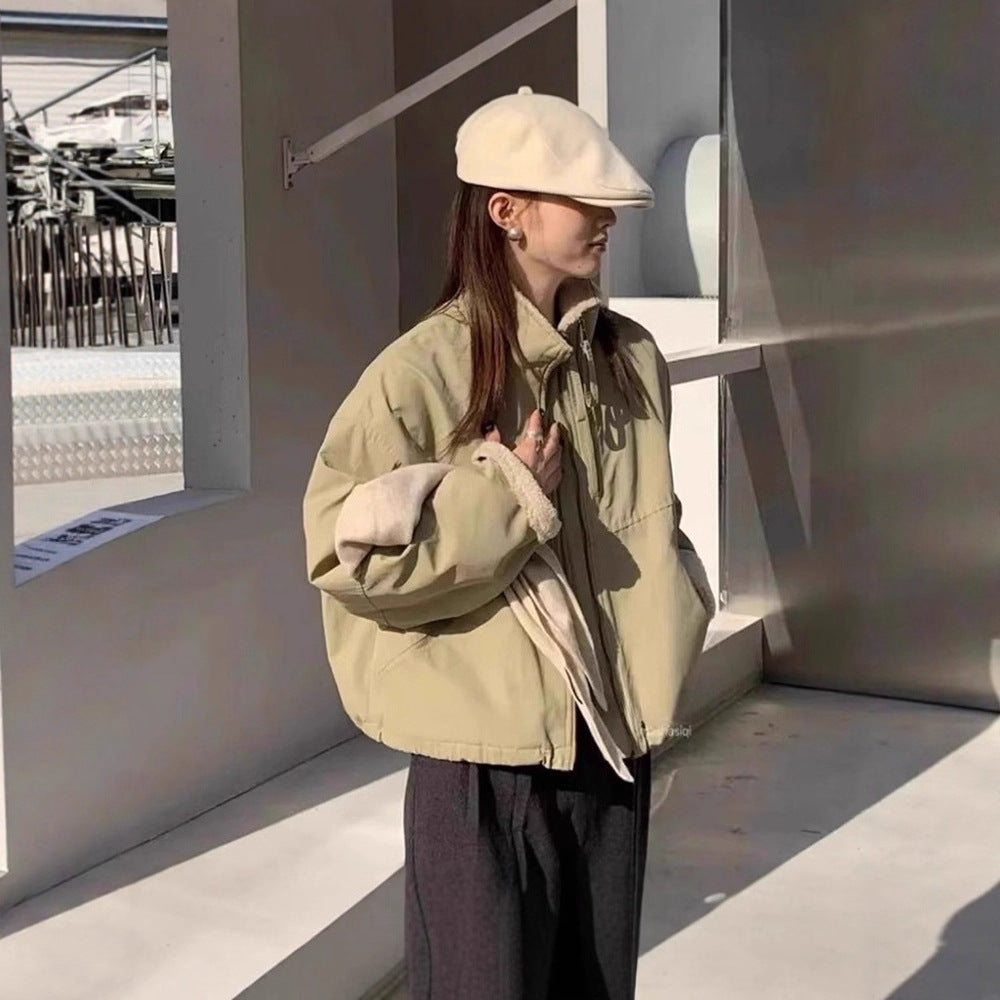Damen Kurze Oversize Bomberjacke mit Teddyfutter an Bündchen und Stehkragen EB
