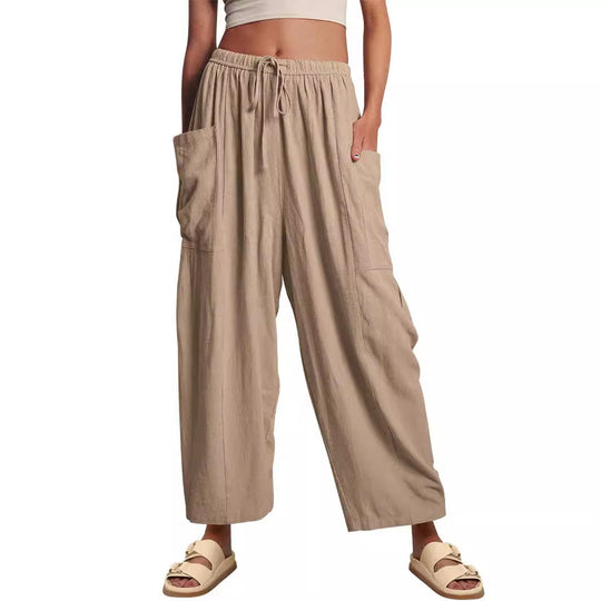 Damen nan weite Palazzohose aus leichtem Leinenmix mit Tunnelzug und seitlicher Tasche EB