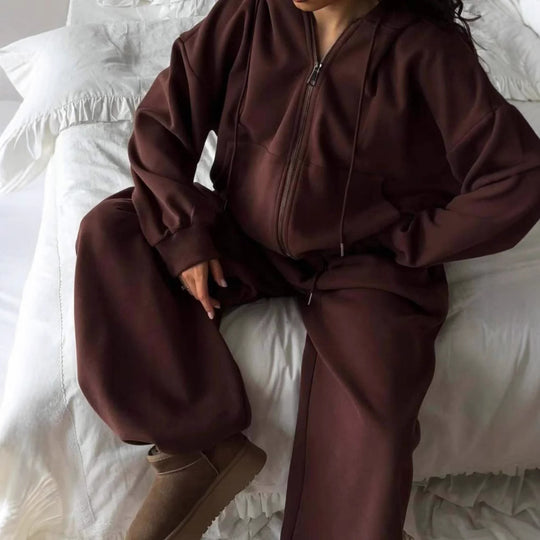 Damen oversized Kapuzenjacke mit Reißverschluss und weiten Jogginghose Lounge-Set EB