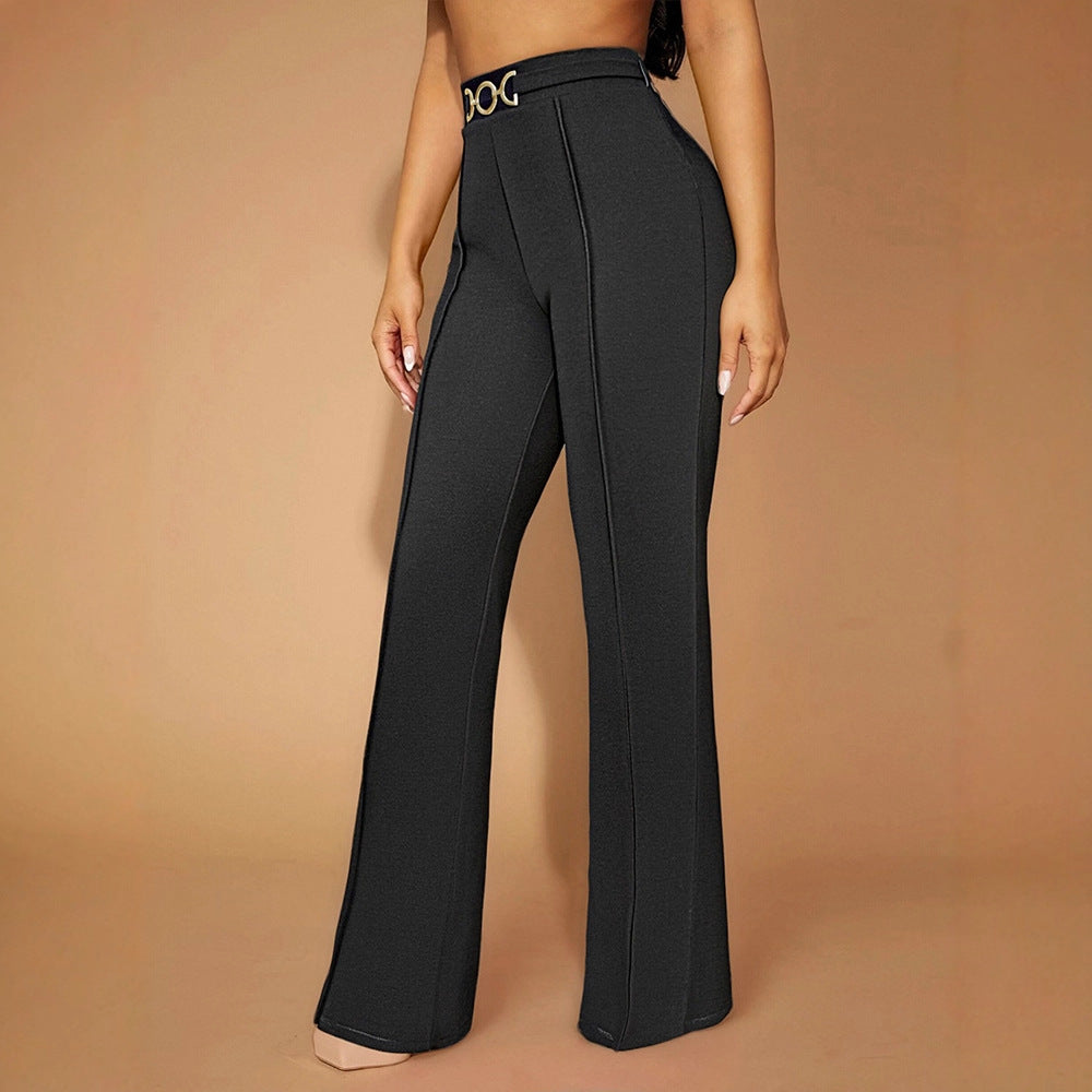 Damen Elegante Hochtaillierte Stoffhose mit diagonalen Nähte und dekorativem Gürtel EB