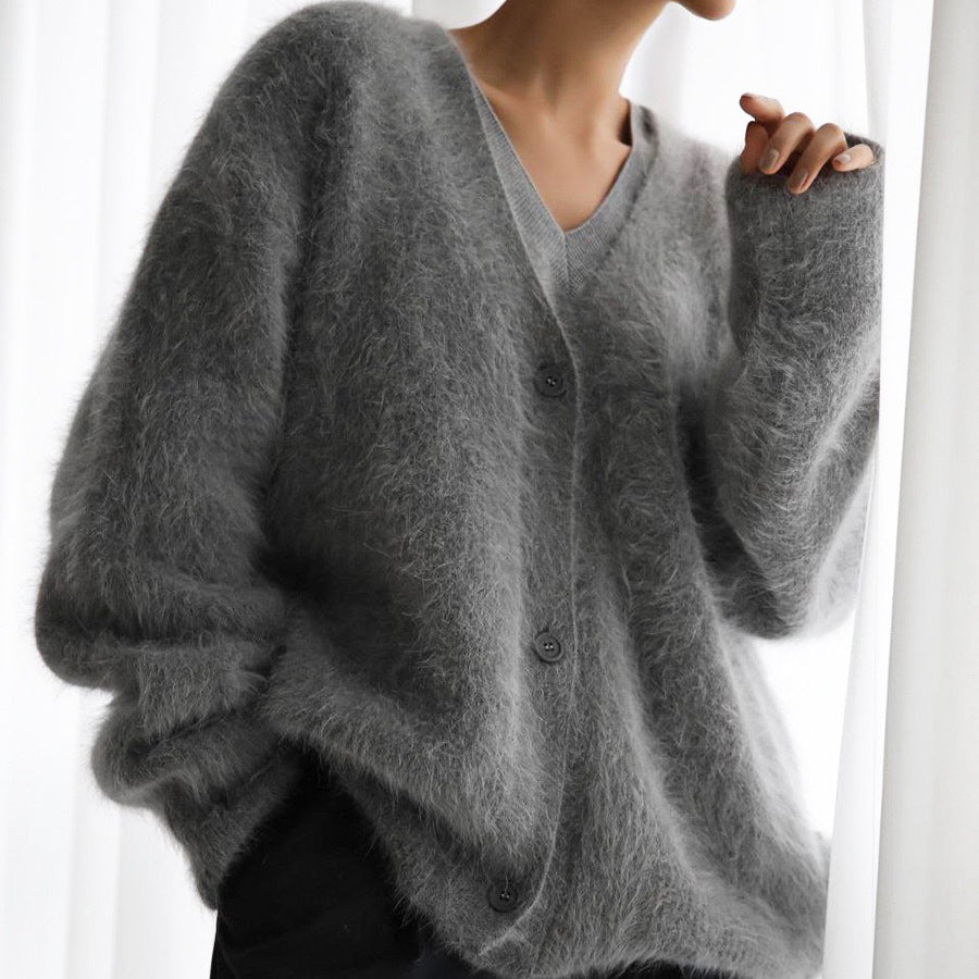 Damen Kuscheliger Oversize-Cardigan aus Teddy-Strick mit tiefem V-Ausschnitt EB