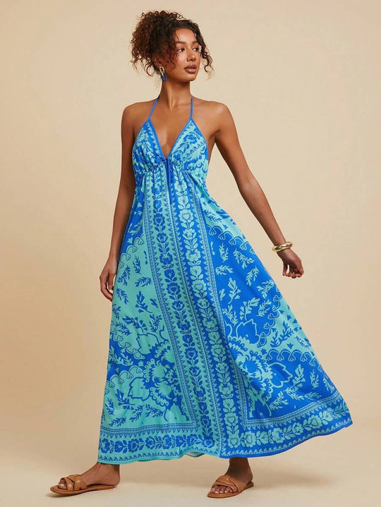 Damen Maxikleid mit tiefem V-Ausschnitt und floralen Musterdetails EB