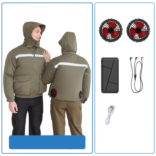 Unisex nan ventilated jacket for work and outdoor with integrated USB fans, battery compartment and hood EB