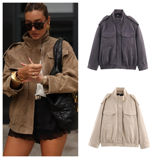 Damen modische Utility-Jacke mit hohem Kragen und praktischen Taschen EB