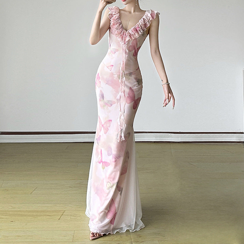Damen Maxikleid aus transparentem Chiffon mit Rüschendetails und floralem Design EB