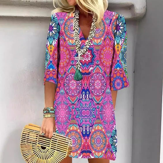 Damen Blusenkleid mit buntem mandala-inspiriertem Design und V-Ausschnitt Heidi-Mode