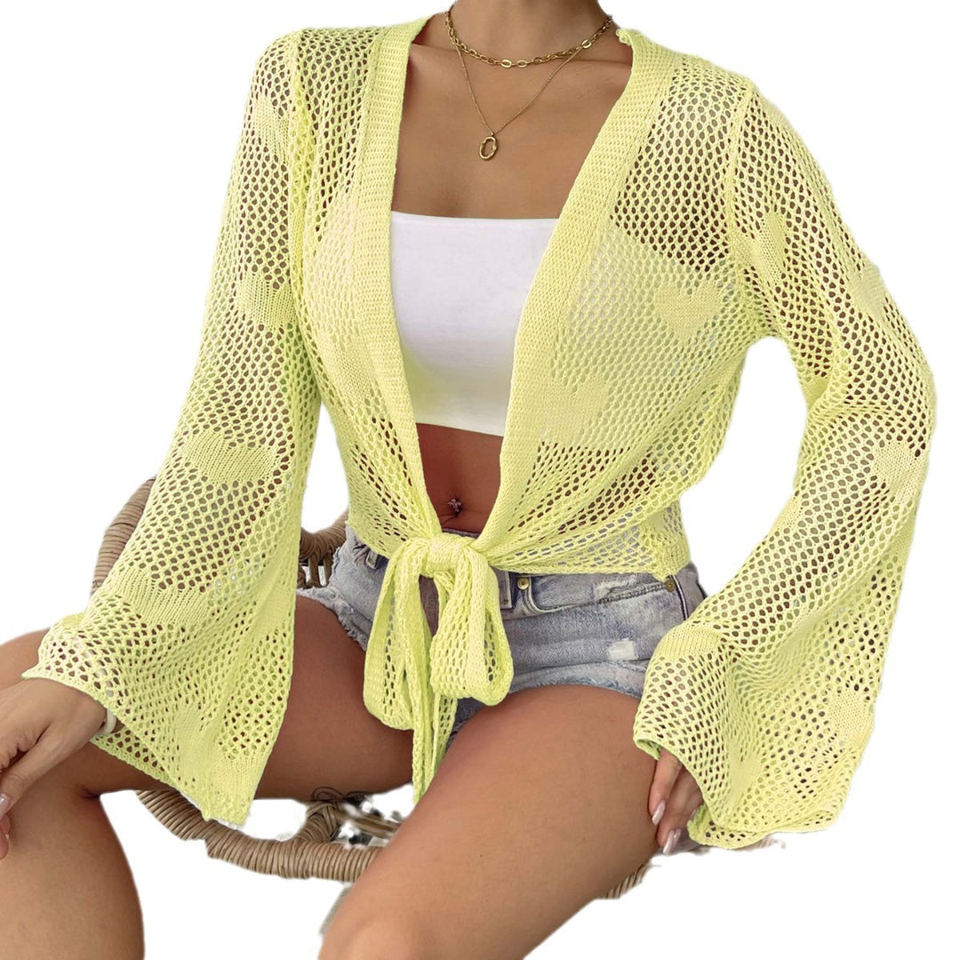 Damen luftiger Strick-Kimono mit offener Front und Kordelzug EB