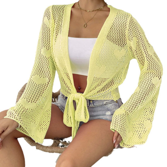 Damen luftiger Strick-Kimono mit offener Front und Kordelzug EB