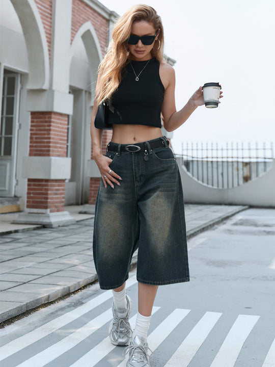 Damen Weite Denim-Culottes mit hohem Bund und praktischen Seitentaschen EB