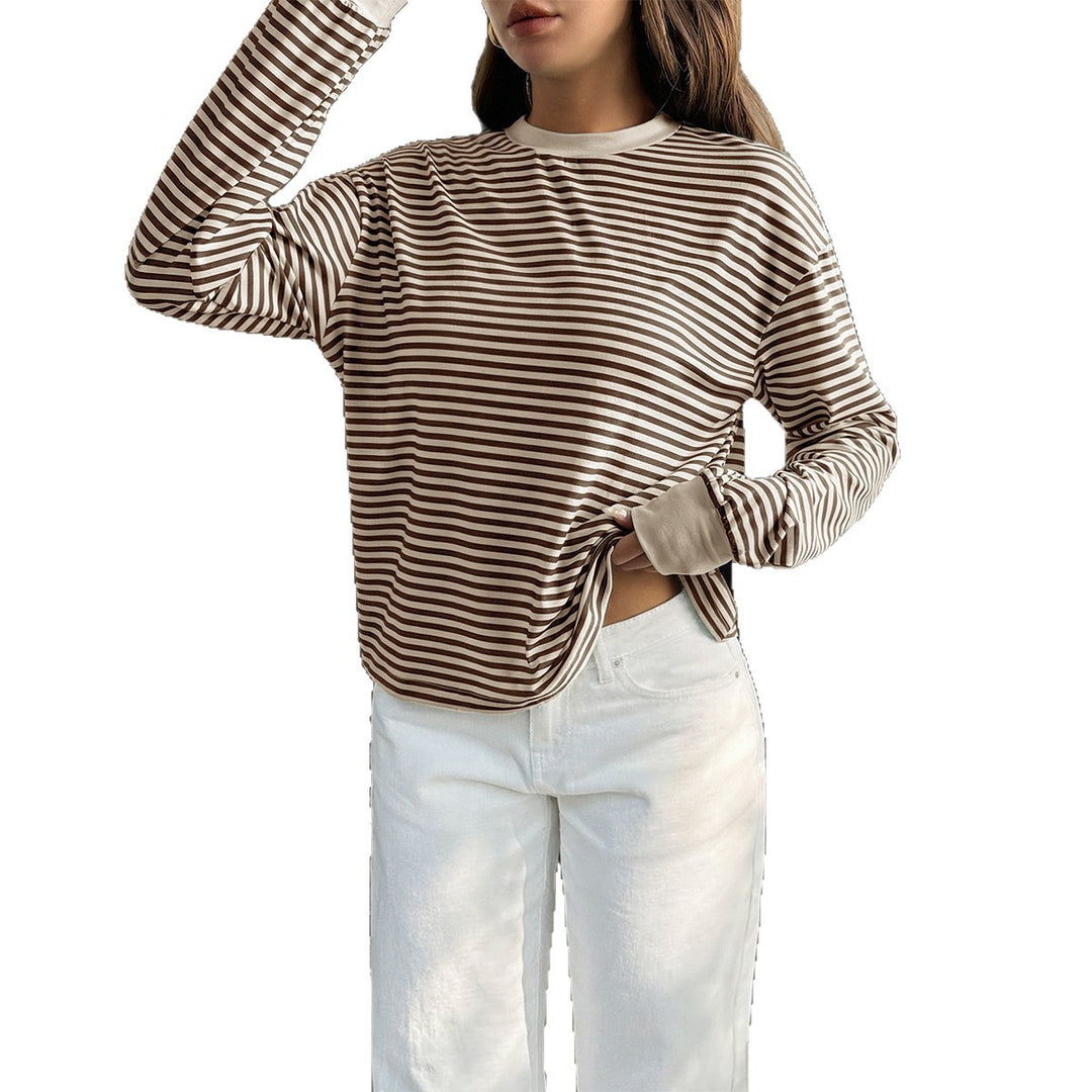 Damen nan lässiges gestreiftes Oversize-Longsleeve mit kontrastierendem Rundhalsausschnitt und verlängertem Rückensaum EB