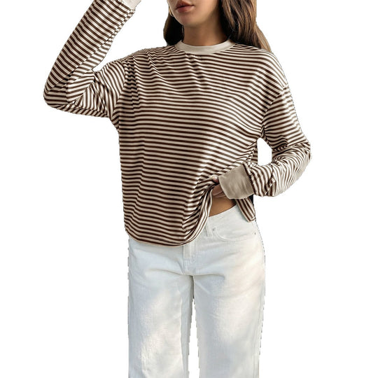 Damen nan lässiges gestreiftes Oversize-Longsleeve mit kontrastierendem Rundhalsausschnitt und verlängertem Rückensaum EB