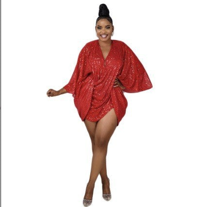 Damen Glitzerndes Kaftan Kleid mit tiefem V-Ausschnitt und voluminösen Ärmeln EB