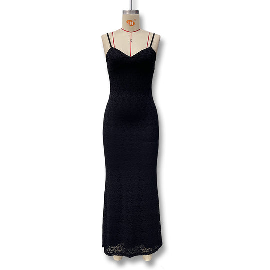 Damen Elegantes Maxikleid mit feiner Spitze und V-Ausschnitt EB