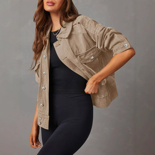 Damen nan kurze oversized Jeansjacke mit aufgesetzten Brusttaschen und krempelbaren Ärmeln EB