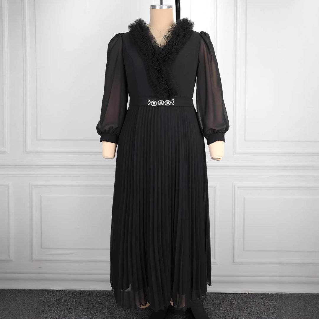 Damen Elegantes plissiertes Midi-Kleid mit Rüschendetails EB