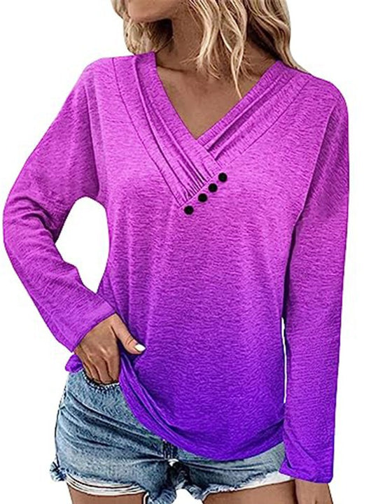 Damen Gerippter V-Ausschnitt Pullover mit Farbverlauf, Zierknöpfen und legerer Passform EB