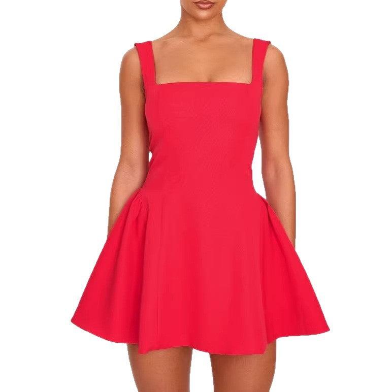 Damen A-Linien Kleid mit quadratischem Ausschnitt und angeschnittenen Taschen EB