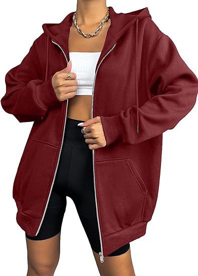 Damen nan oversized Zip-Kapuzenjacke mit kontrastierendem Reißverschluss, doppellagiger Kapuze und Kängurutasche EB