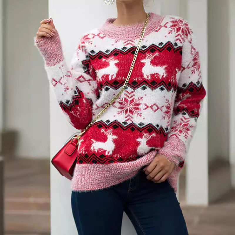 Damen gemütlicher Weihnachtspullover mit festlichem Rentierdesign EB
