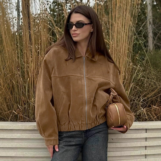Damen Modische Wildlederjacke mit elastischem Bund und asymmetrischem Kragen EB
